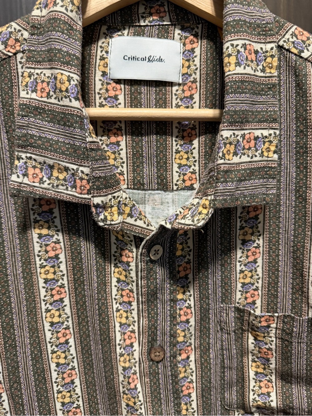 Critical Slide Ceremony Linen Blend SS Shirt Olive Floral Vertical Stripe Large